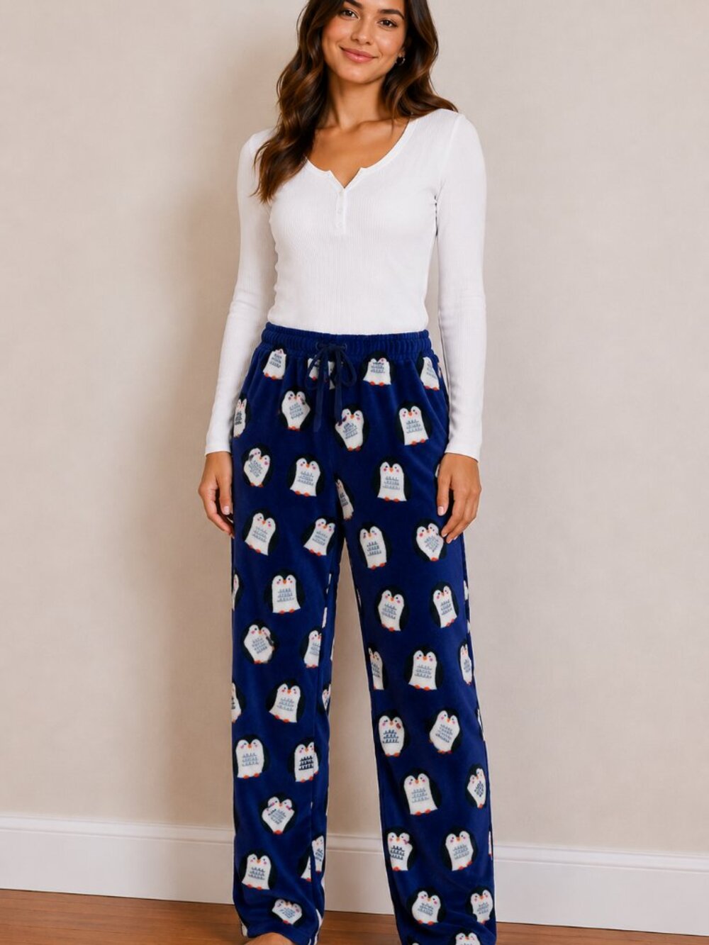 Joyspun Women's Plush Penguin Pajama Pants Blue XS 0-2 Cozy Sleepwear